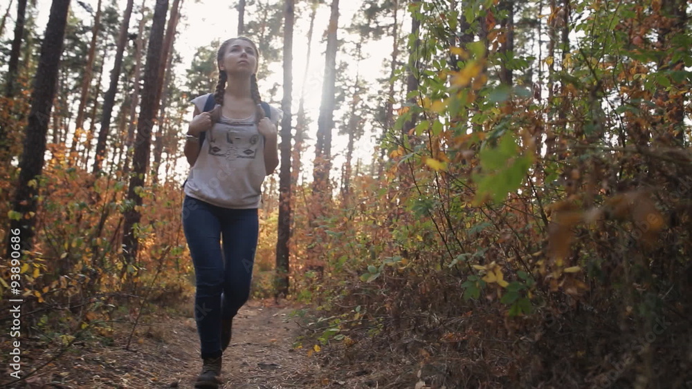 Young beautiful woman with a backpack walking in the autumn forest. Steadicam shot Young beautiful woman with a backpack walking in the autumn forest. Steadicam shot