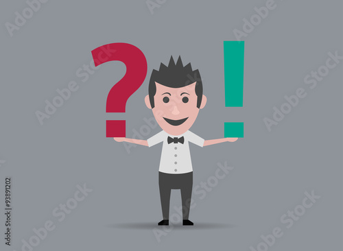 man holding question marks and exclamation