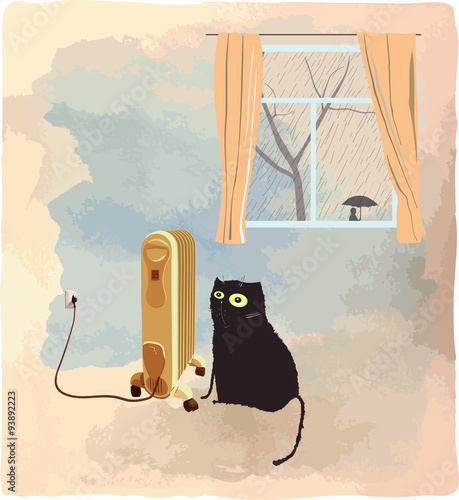 Black cat basking near the heater vector illustration