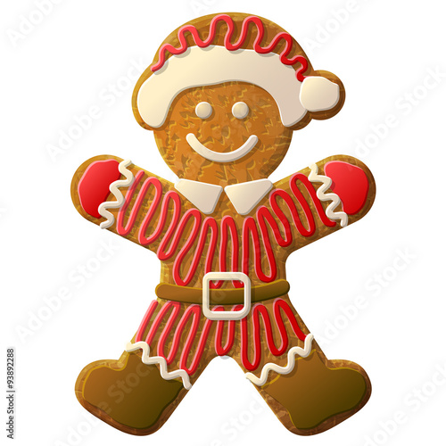 Gingerbread man dressed in Santa Claus suit. Holiday cookie