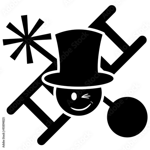Symbol: Schornsteinfeger mit Leiter, Kehrbürste und Zuggewicht zwinkert verschmitzt / schwarz-weiß, Vektor, freigestellt