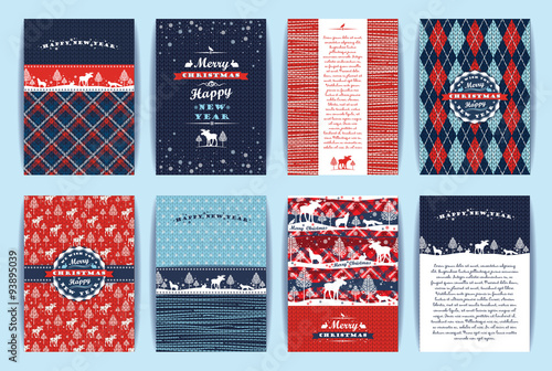 Christmas and New Year Set. Plaid and knitted backgrounds.