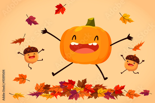 Illustration of happy pumpkin and acorns jump on autumn leaves