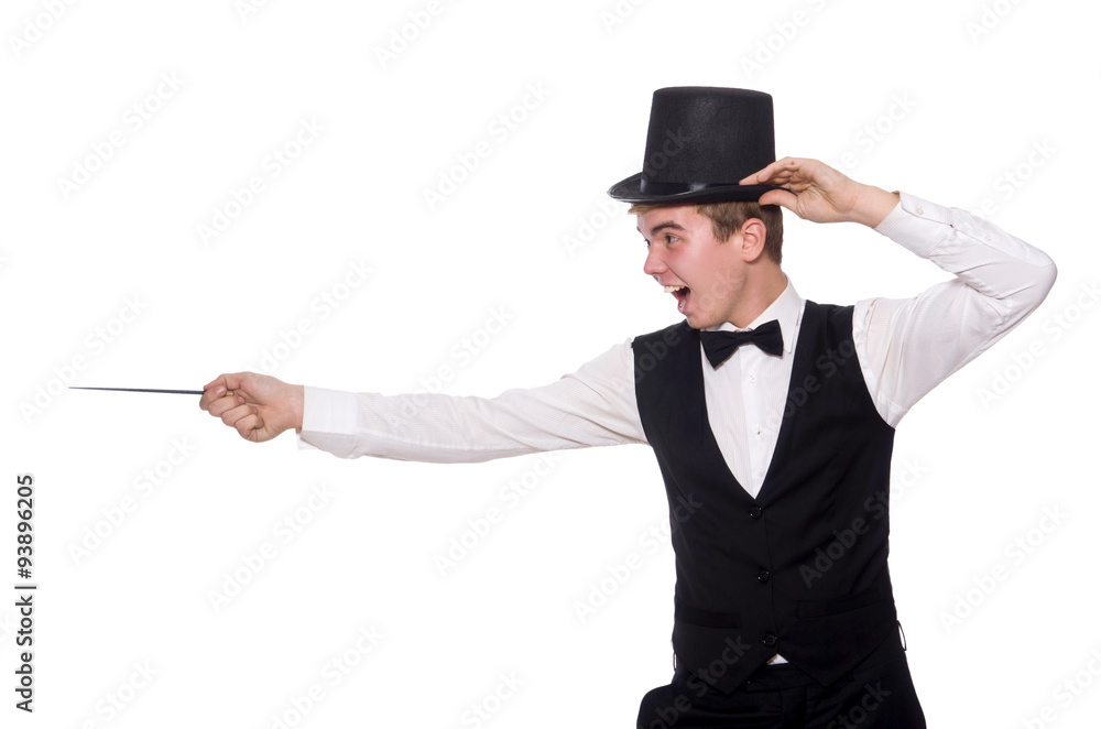 Magician with magic stick isolated on white Magician with magic stick isolated on white