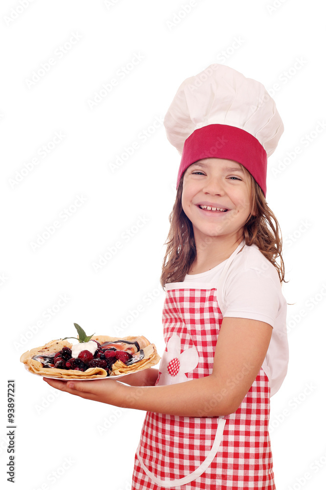 happy little girl cook with delicious sweet crepes happy little girl cook with delicious sweet crepes
