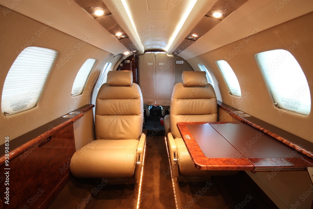 Small business jet cabin - front, right table