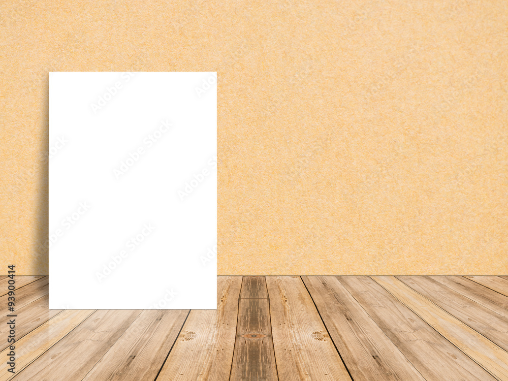 Blank white paper poster at tropical plank wooden floor and white wall, Template mock up for adding your content,leave side space for display of product Blank white paper poster at tropical plank wooden floor and white wall, Template mock up for adding your content,leave side space for display of product