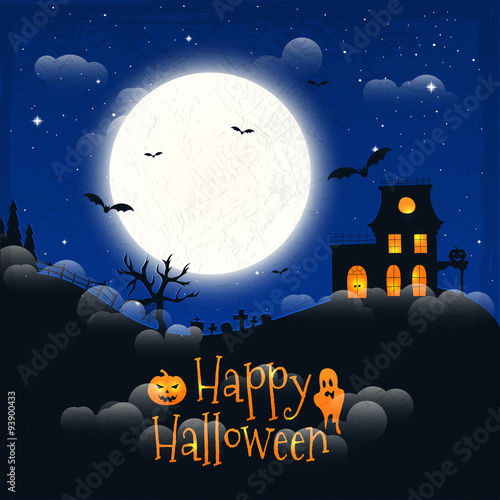Dark house on blue full Moon. Happy Halloween. Vector illustrati
