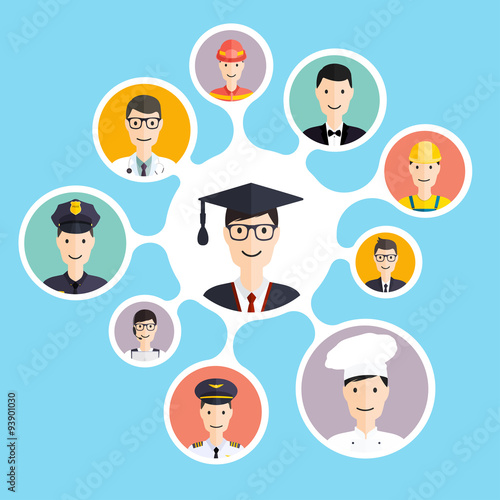 Graduation male student make career choices: businessman, doctor