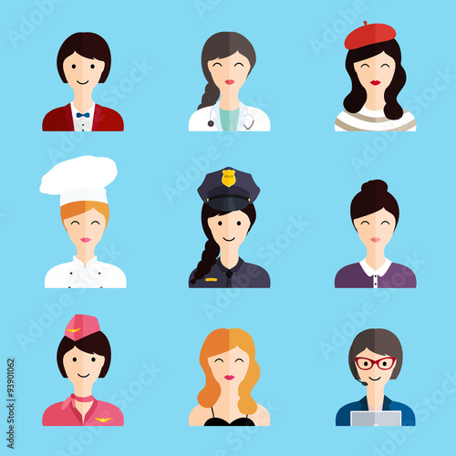 Set of colorful profession woman flat style icons: businessman,