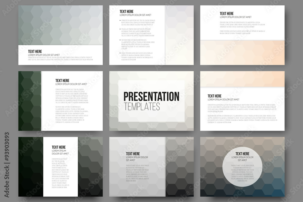 Set of 9 templates for presentation slides. Geometric blurred