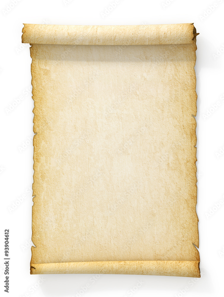 Scroll of old yellowed paper on white background. - obrazy, fototapety, plakaty 