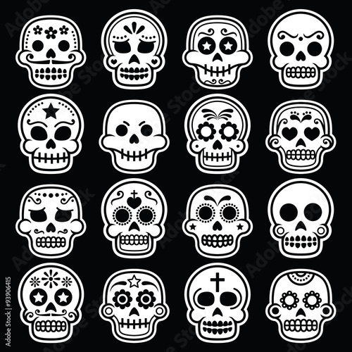 Halloween, Mexican sugar skull, Dia de los Muertos white icons on black