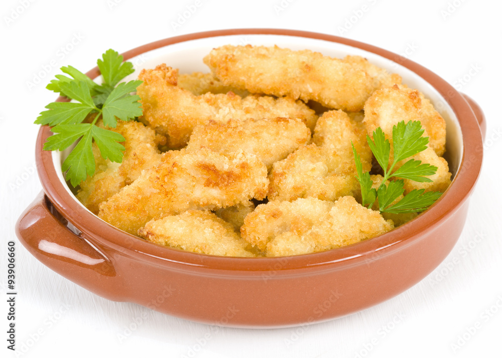 Chicken Goujons- Breaded and deep fried chicken pieces.
Chicken Goujons- Breaded and deep fried chicken pieces.