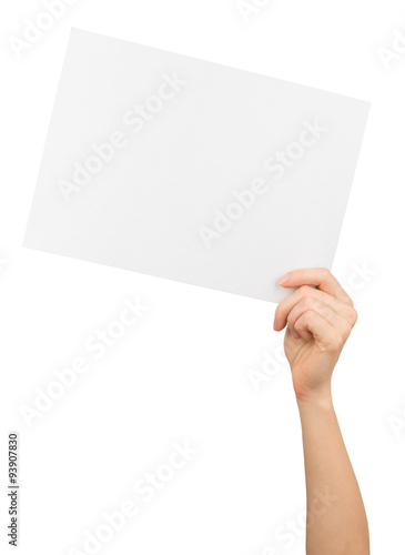 Fototapeta Naklejka Na Ścianę i Meble -  Humans left hand holding big white card