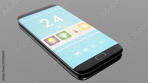 Smartphone with smart home remote control screen, isolated on black background.