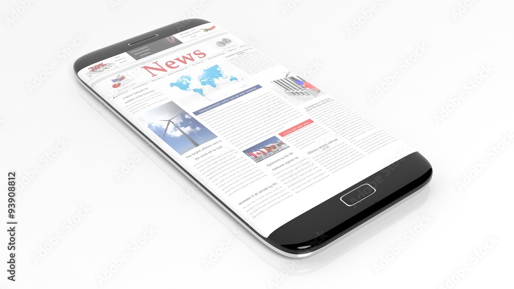 Black smartphone edge with News Website on screen,isolated on white.