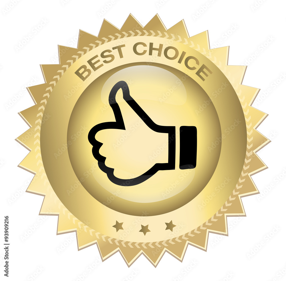Best choice seal or icon with thumbs up symbol. Glossy golden seal or button with stars. Best choice seal or icon with thumbs up symbol. Glossy golden seal or button with stars.