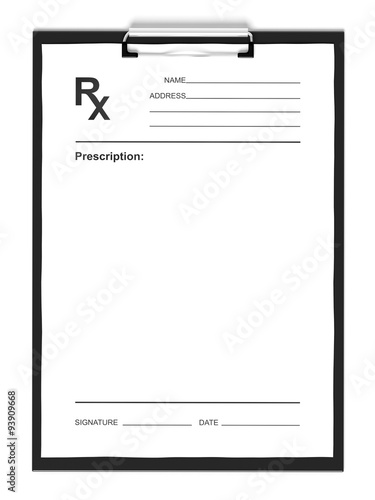 Blank prescription form, isolated on white background.