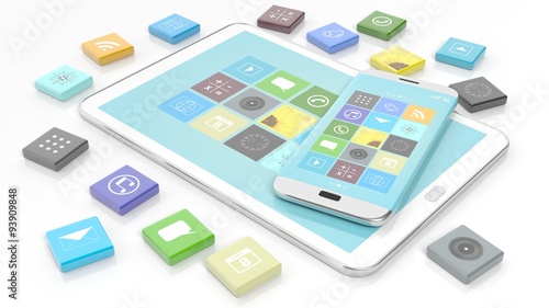 Smartphone and tablet with apps in shape of beveled square, isolated on white background.