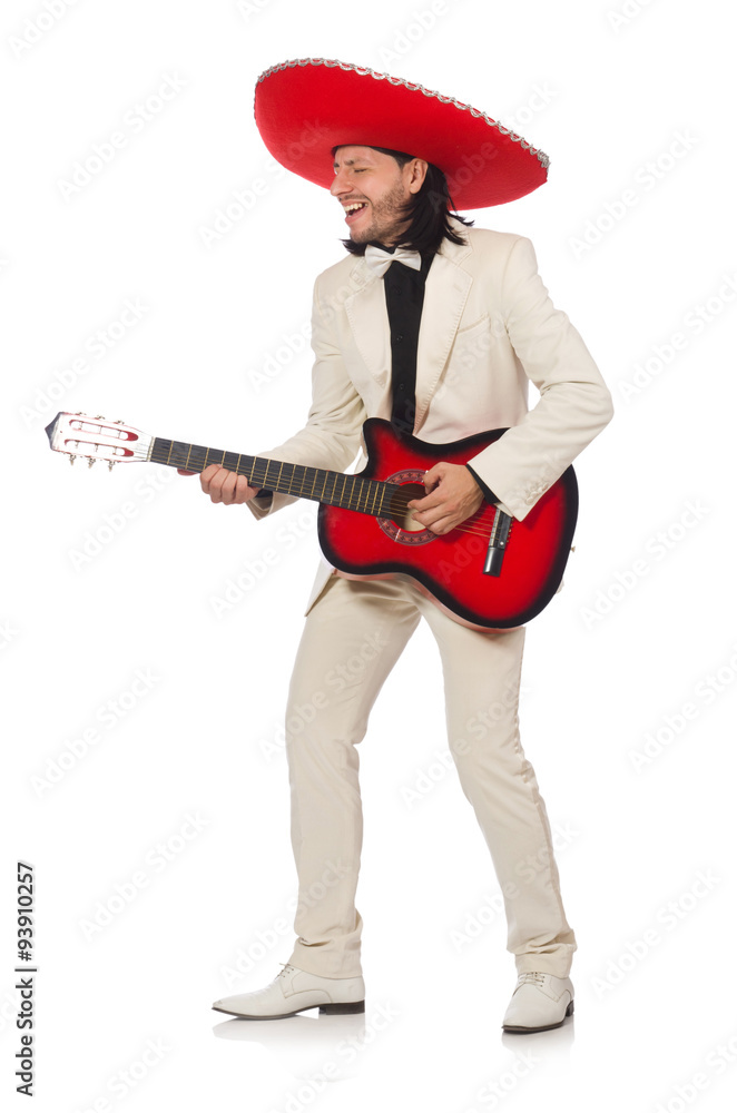 Funny mexican in suit holding guitar isolated on white Funny mexican in suit holding guitar isolated on white