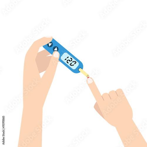Home glucometer with hand. Flat stle vector illustration.
