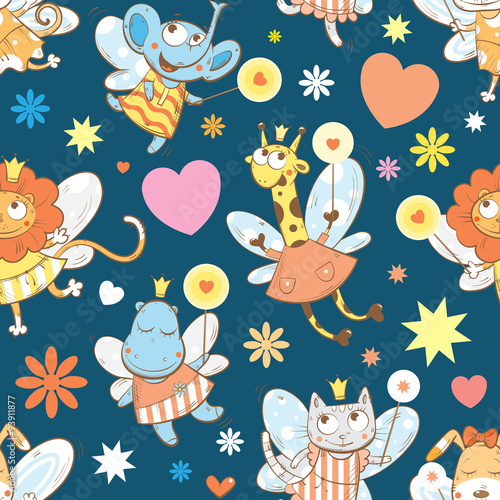 Vector seamless pattern with fairies elephants  hippopotamus   giraffes  dogs  cats  and lions  on a blue background.