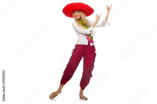 Mexican girl with sombrero dancing on white