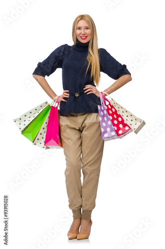 Tall woman with plastic bags isolated on white
