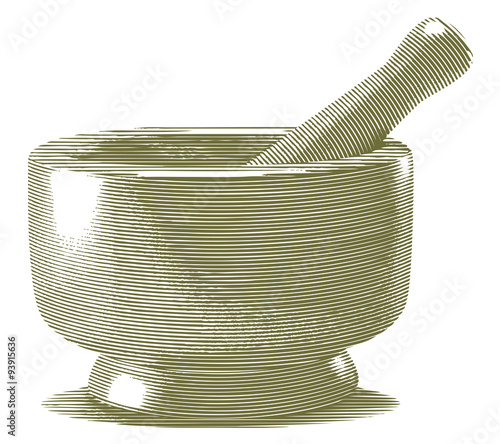 Engraved-style illustration of a Mortar and Pestle