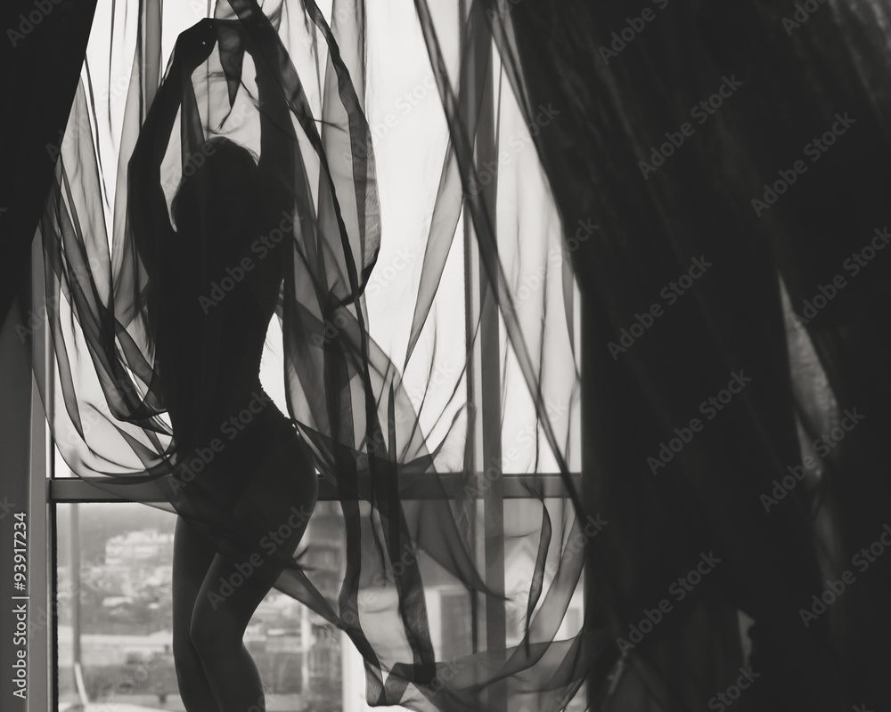 Obraz premium Black and white silhouette of beautiful young lady beside window
