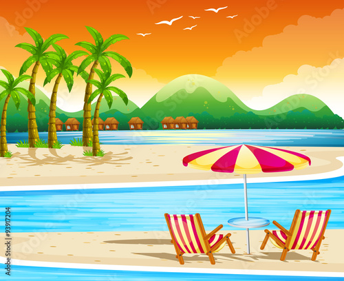 Beach scene with chairs and umbrella