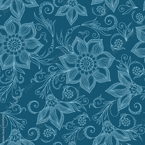 Henna Mehendy Doodles Seamless Pattern on a blue background