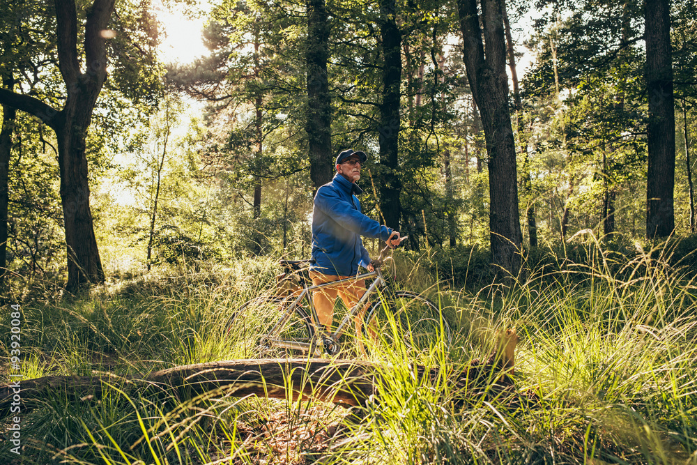 Backlit retired man standing in forest with bicycle. Backlit retired man standing in forest with bicycle.