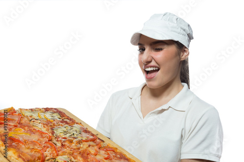 Beautiful girl with pizza isolated on white background