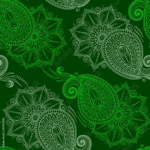 Henna Mehendy Doodles Seamless Pattern on a green background