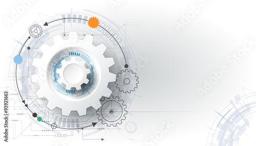 Vector futuristic technology, 3d white paper gear wheel on circuit board. Illustration hi-tech, engineering, digital telecoms concept. With space for content, web- template, business tech presentation
