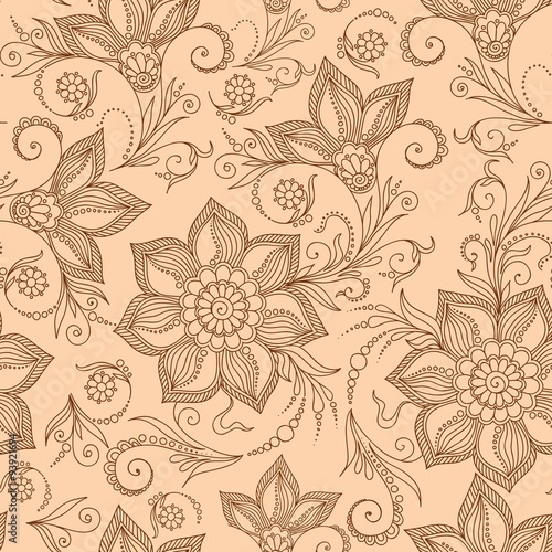 Henna Mehendy Doodles Seamless Pattern on a brown background