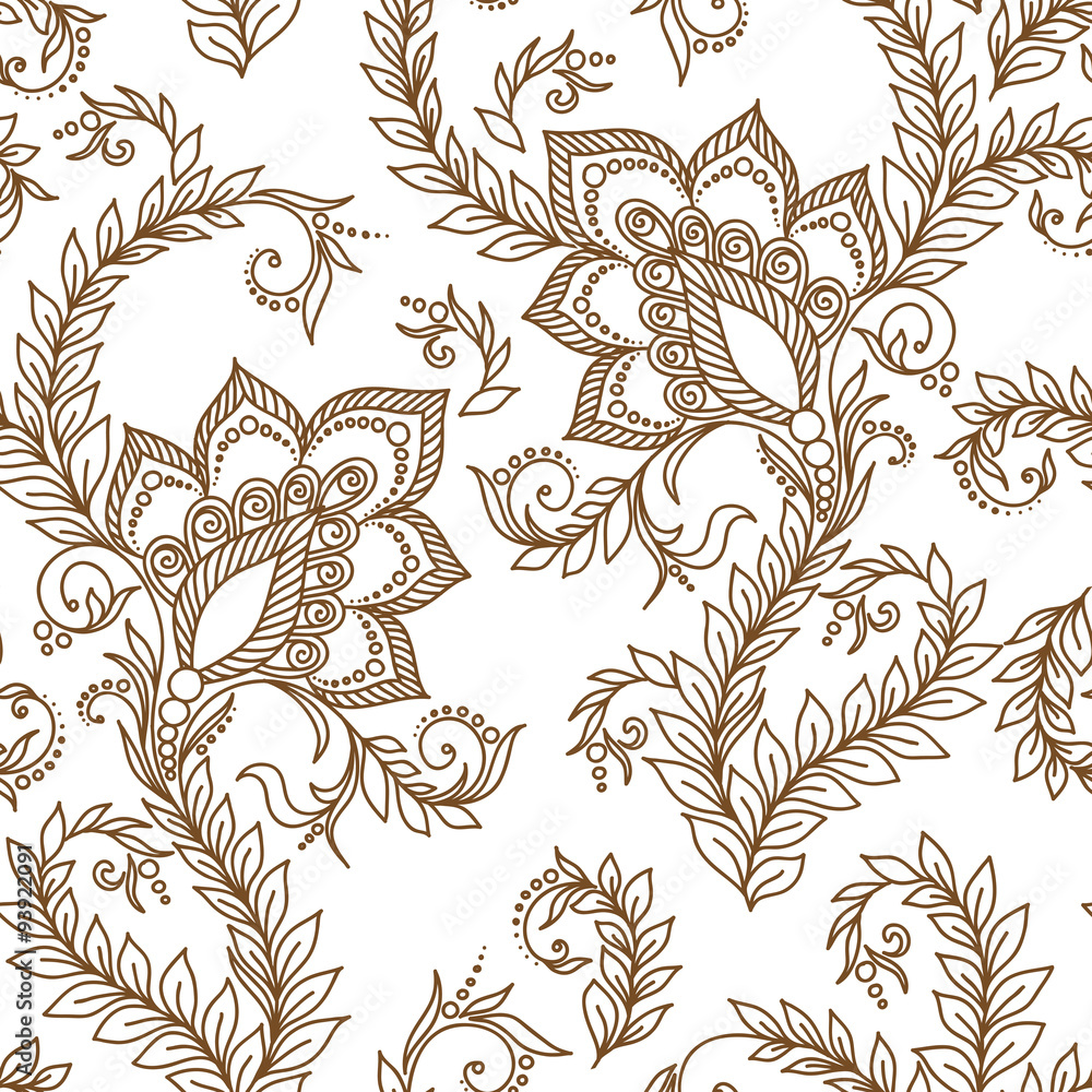Fototapeta premium Henna Mehendy Doodles Seamless Pattern on a white background