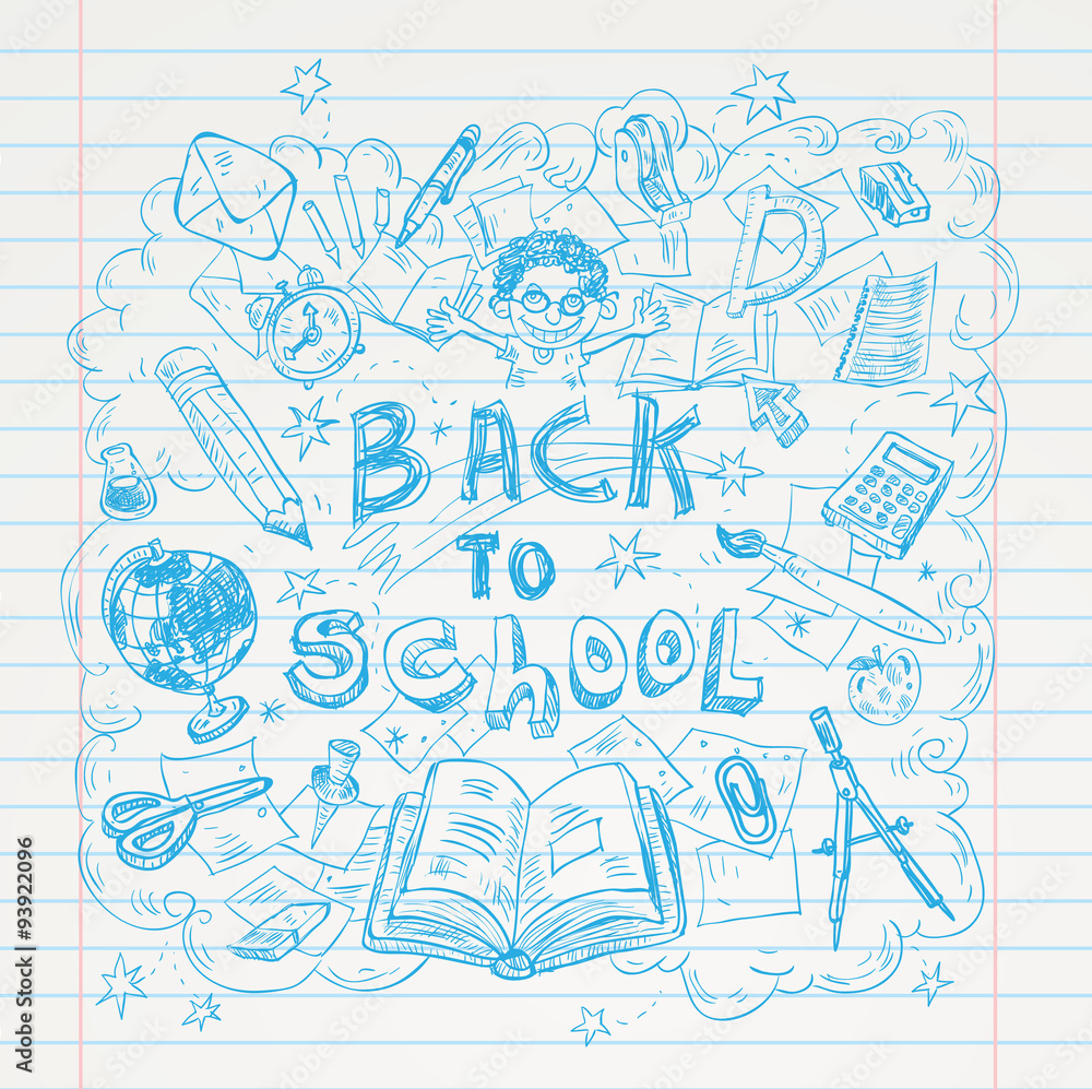 Back to School doodles elements, set of labels and icons. Vector illustration.