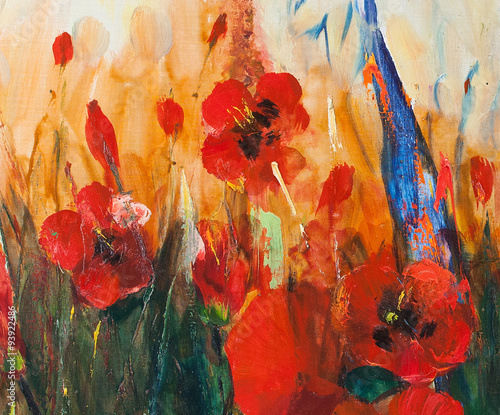 Poppy field, big red flowers. Painting, pictorial art