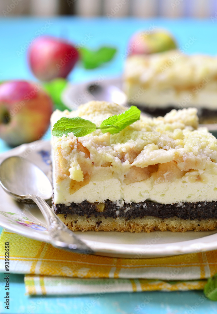 Cottage cheese cake with apple and poppy seed.