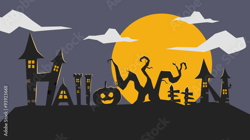 Typography for halloween, gothic haunted house, pumpkin, scary tree, super moon, siluette night illustration background