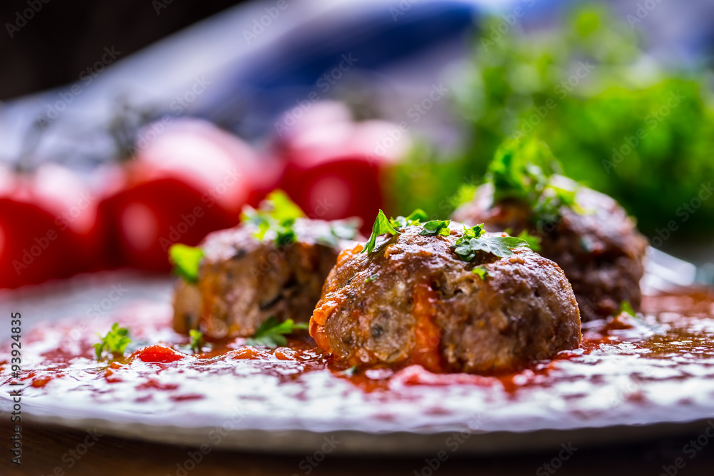 Meat balls. Italian and Mediterranean cuisine. Meat balls with spaghetti and tomato sauce. traditional kitchen. 