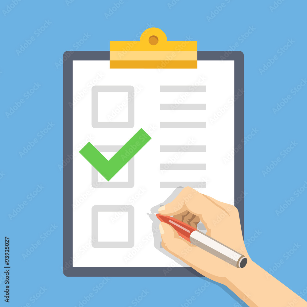 Hand with pen and clipboard with checklist. Fill form concept. Flat illustration Hand with pen and clipboard with checklist. Fill form concept. Flat illustration