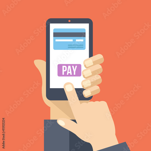 Mobile payment. Hand holds smartphone with online banking. Vector flat illustration