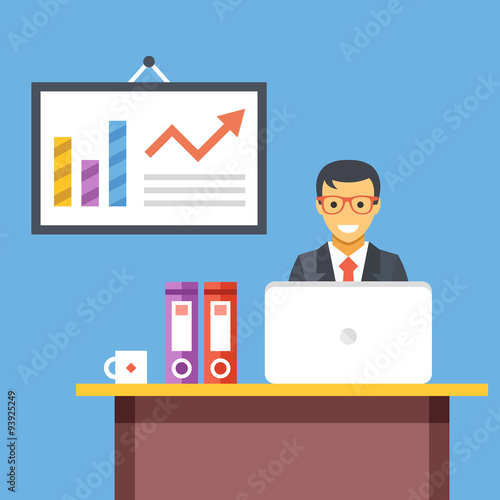 Office work. Office worker at desk in office room. Vector flat illustration