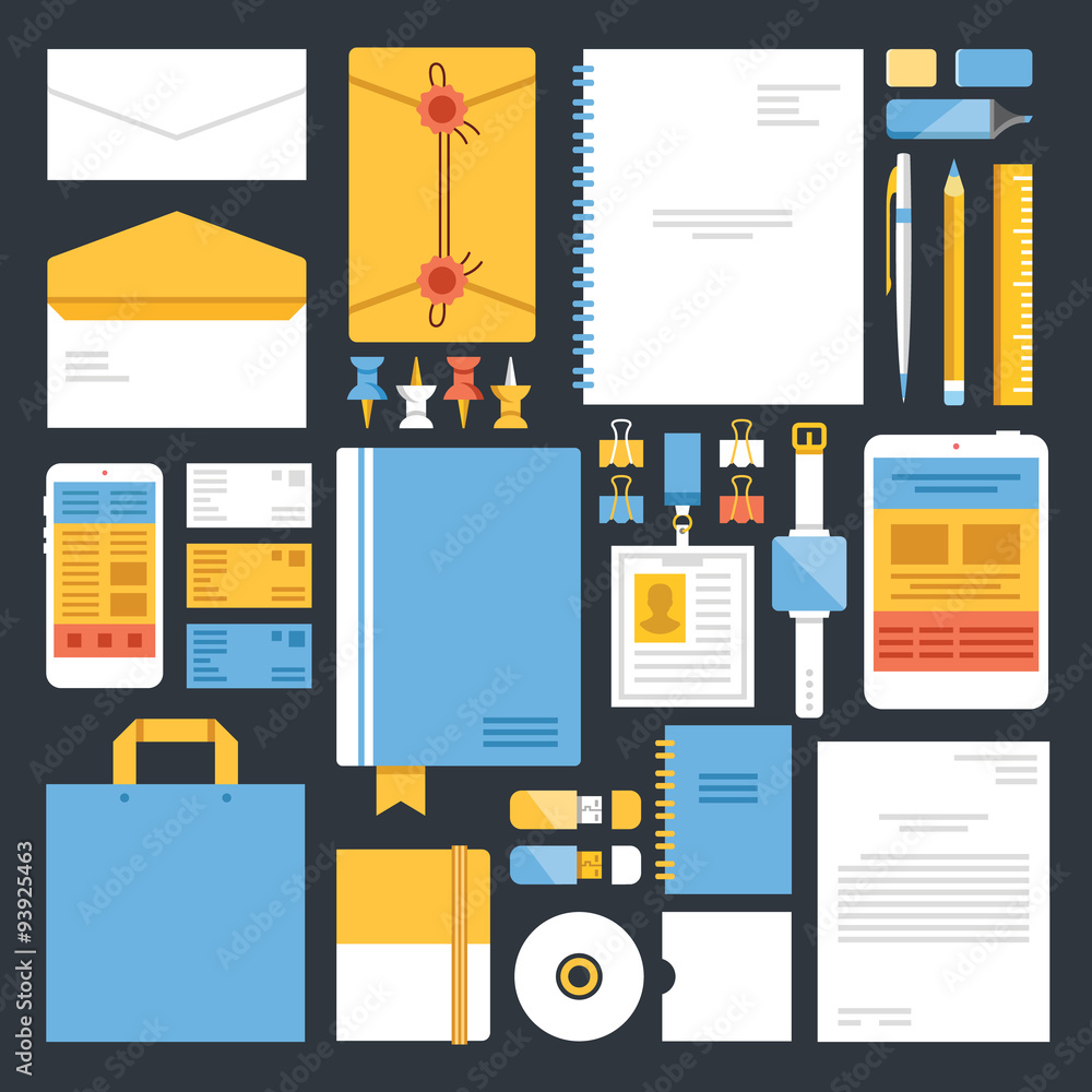 Stationery and office supplies flat icons set Stationery and office supplies flat icons set