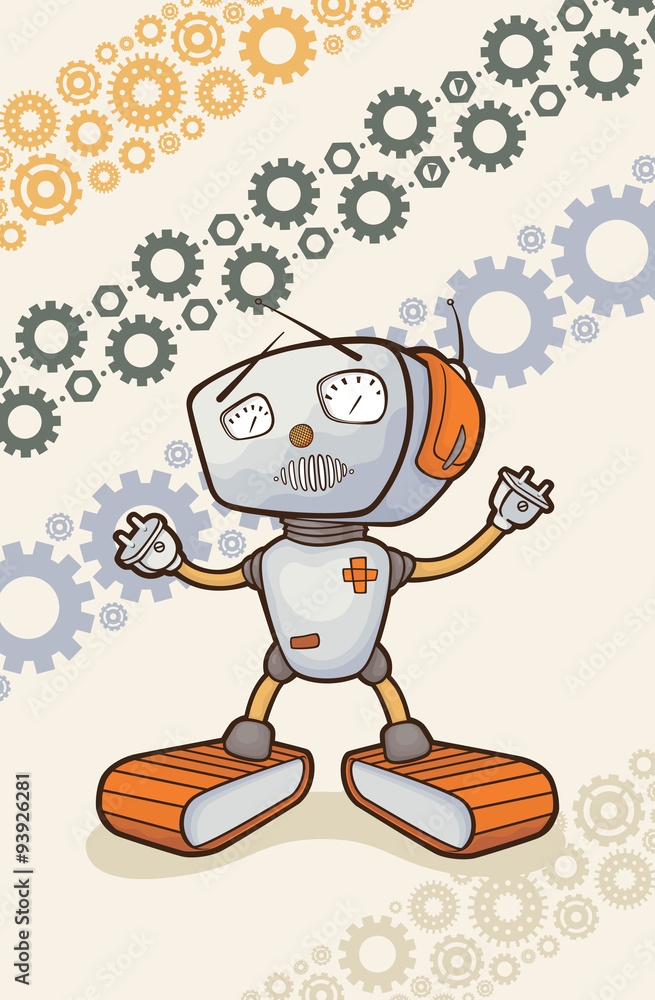 Illustration with a happy robot. Template for flyers or postcards.