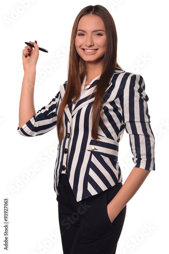 Beautiful office girl showing pen isolated on a white background